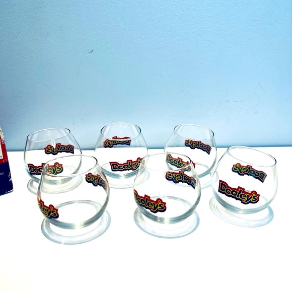Vintage 6 DOOLEY'S TOFFEE Rockers Liqueur Glasses w/ Box Swirling Round Bottom - Picture 7 of 9